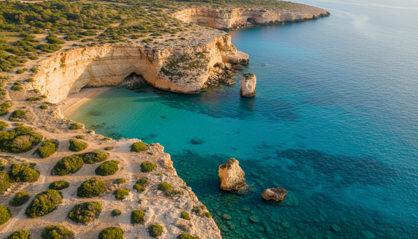 Illustrative turquoise Mediterranean coastline under bright sunshine