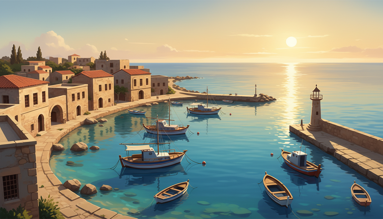 Mediterranean harbour at golden sunset, illustrative travel imagery